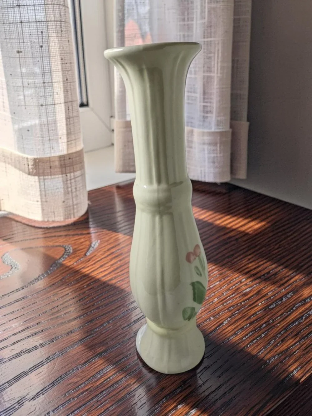 Vintage 1981 FTDA Ivory Ceramic Slender Tall Hand Painted Floral Motif Vase